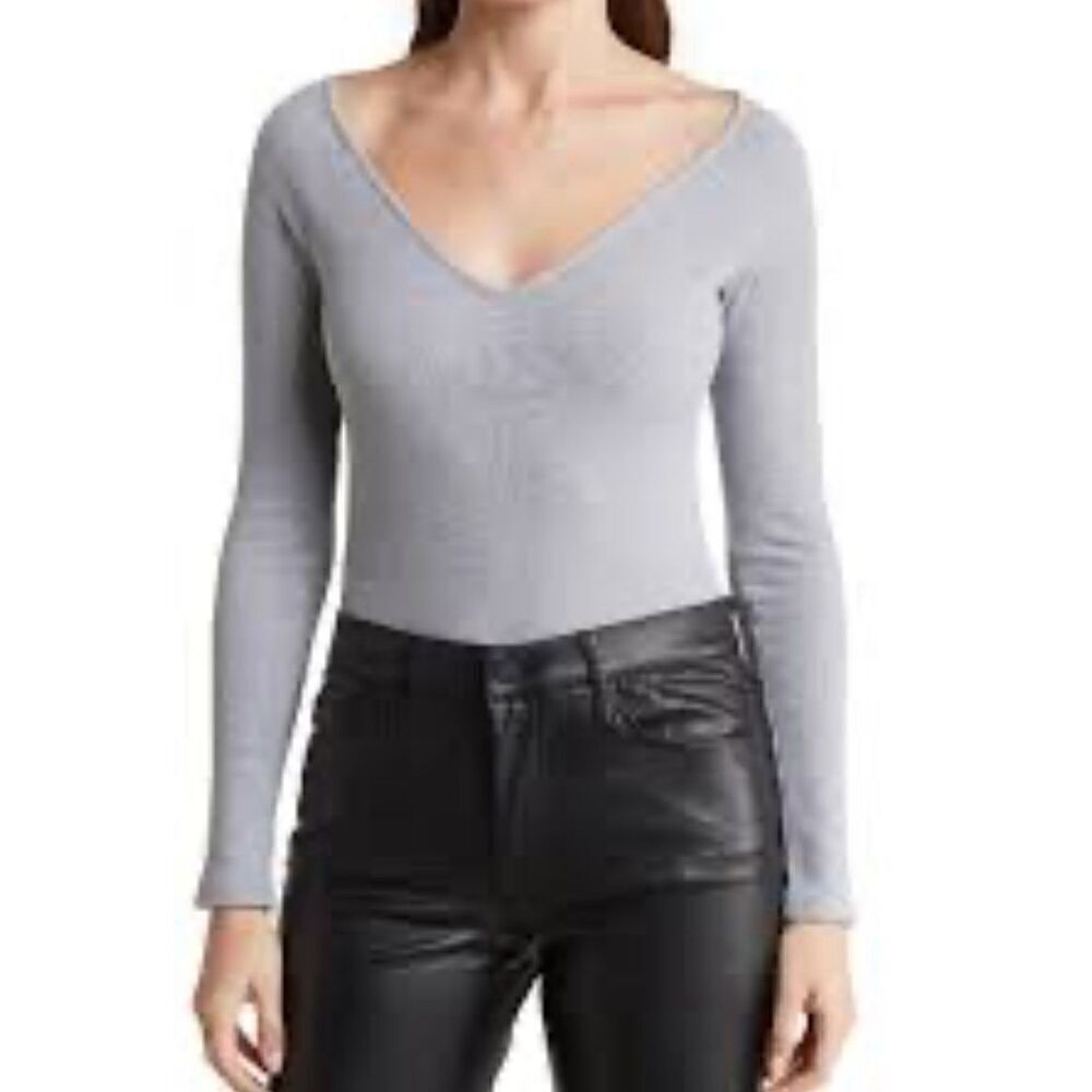 L’Agence Winona Ribbed Knit Long Sleeve Bodysuit in Heather Grey NWY Size Large
